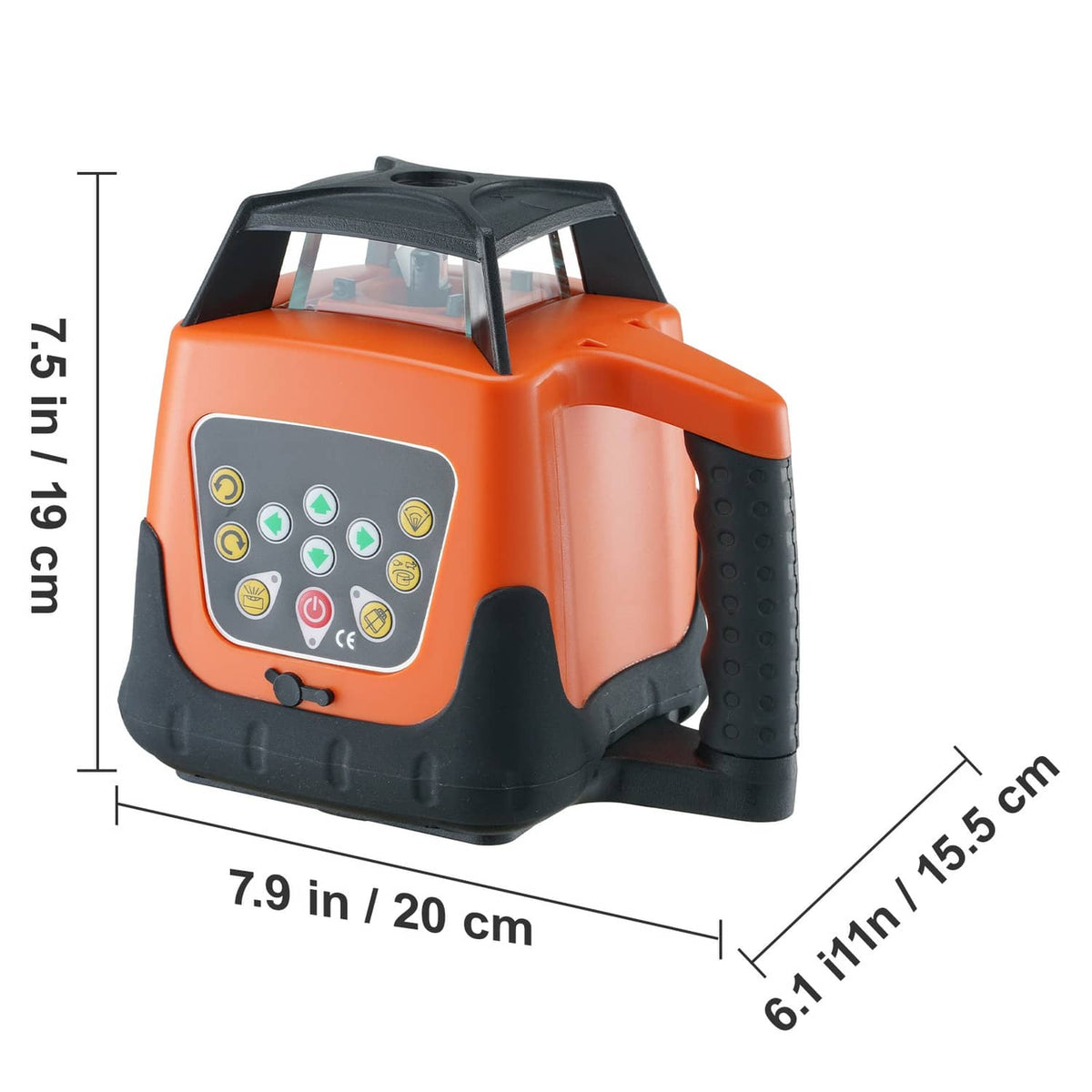 Orange rotary laser level, compact cube design with control panel and black rubber feet