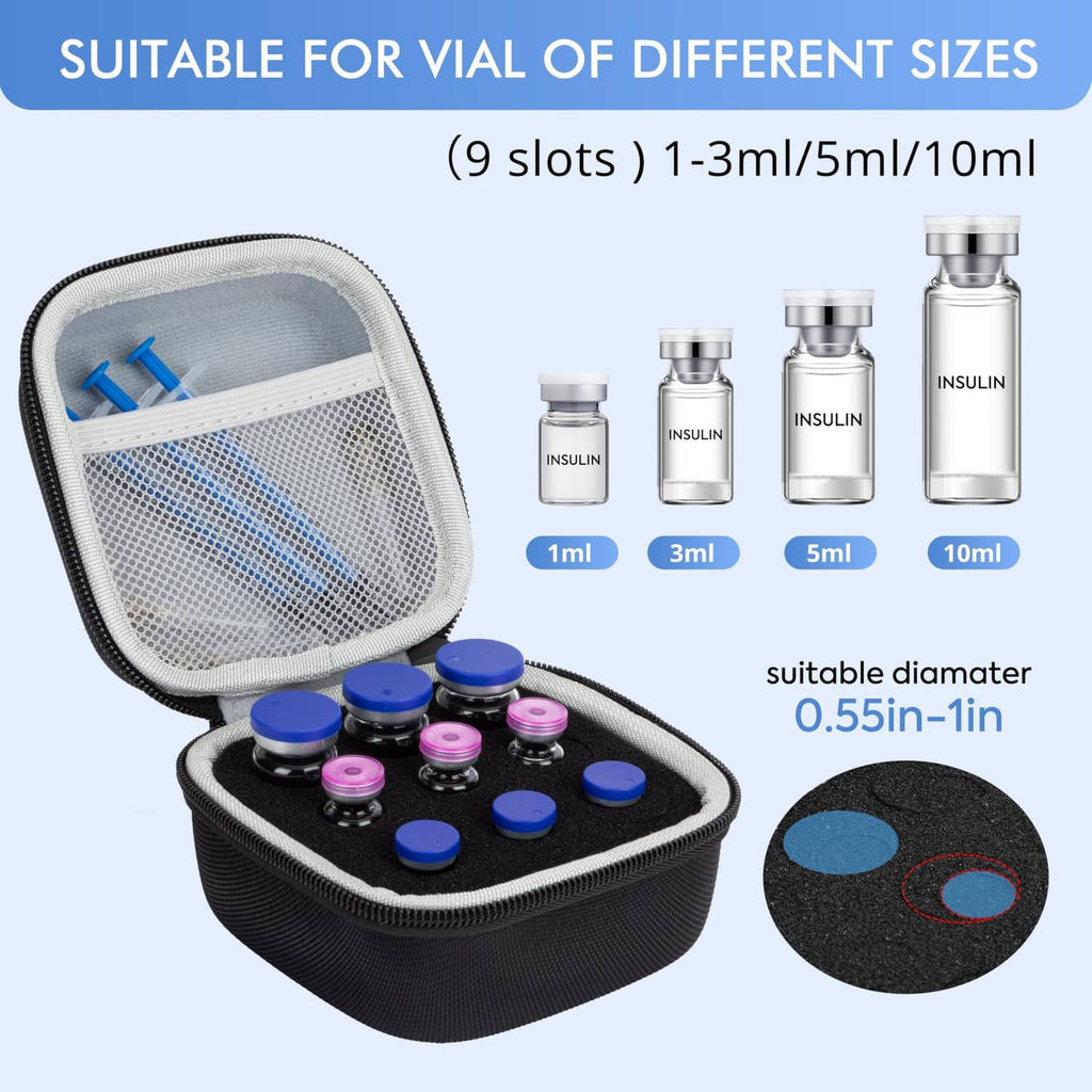 Black insulin vial case for 9 slots, compact hard shell with foam bottle holders