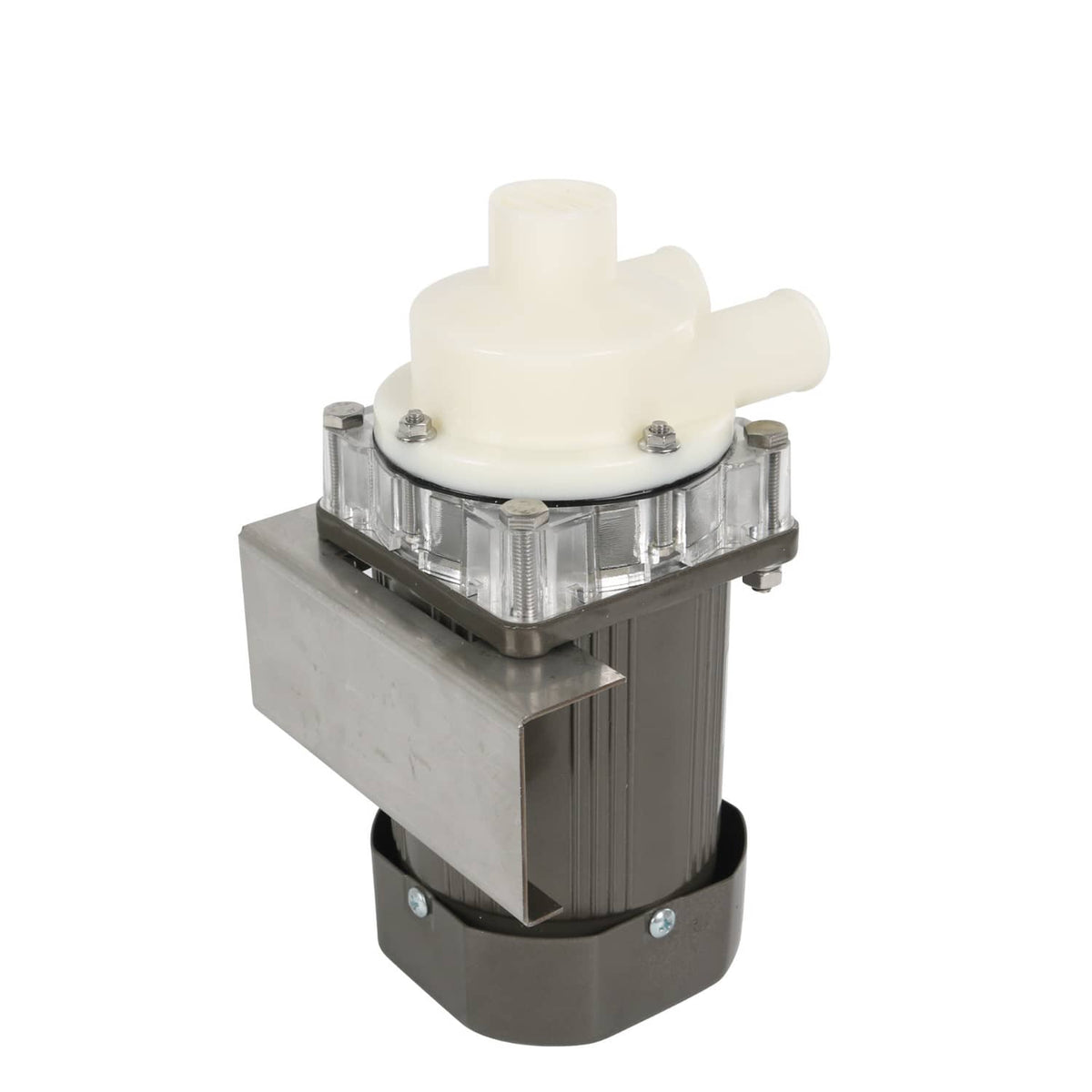 Ice machine water pump motor assembly side view with white top housing and metal frame