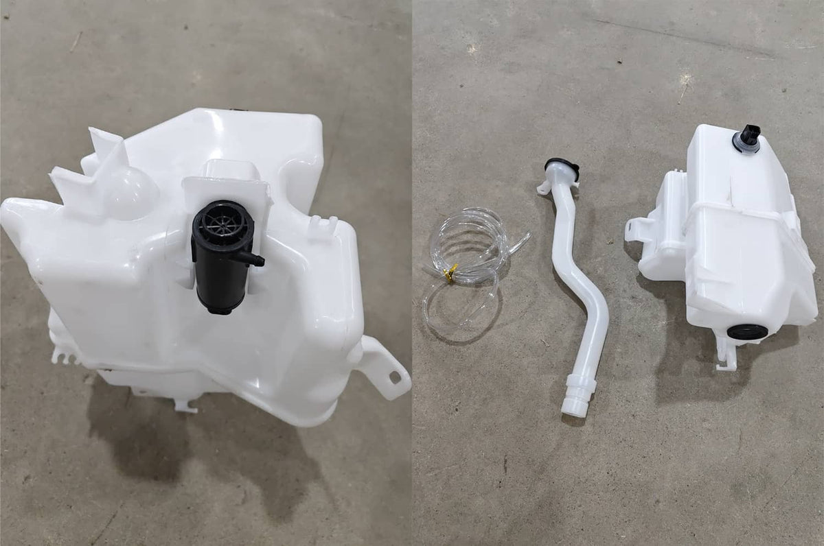 Windshield washer reservoir tank assembly kit with hoses, clear tubing, and black nozzle