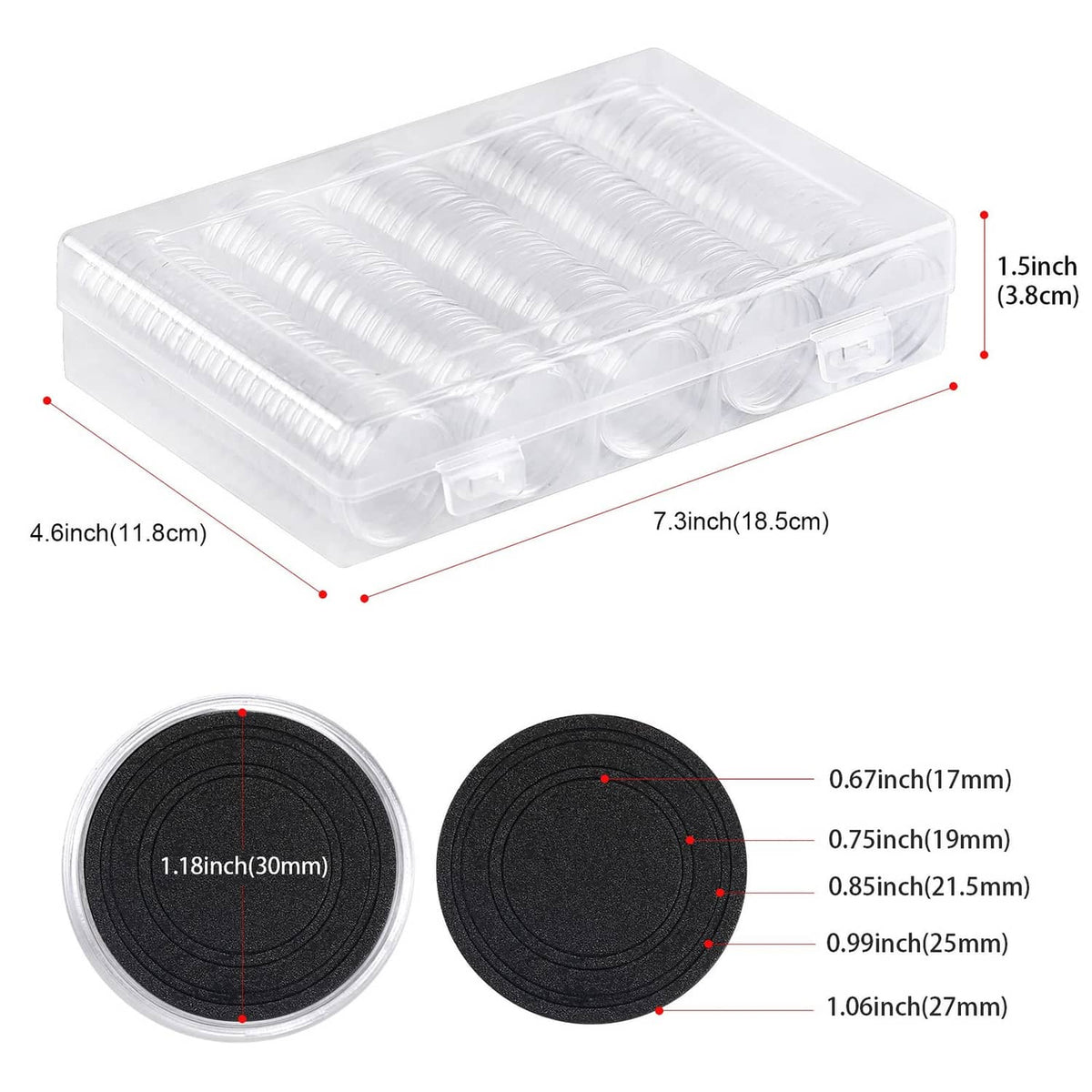 Clear compartment box for coin capsules with round black foam pads and size labels
