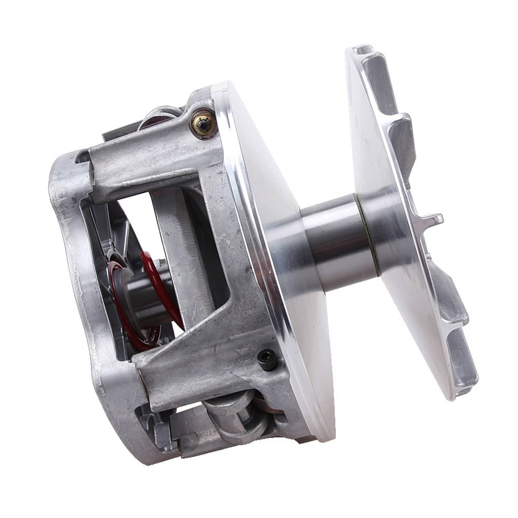 Side view of metal clutch assembly with housing, shaft, and red internal spring