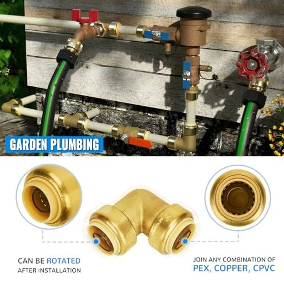 Brass 90-degree PEX push-fit elbow, side angle inset with blue alignment dots