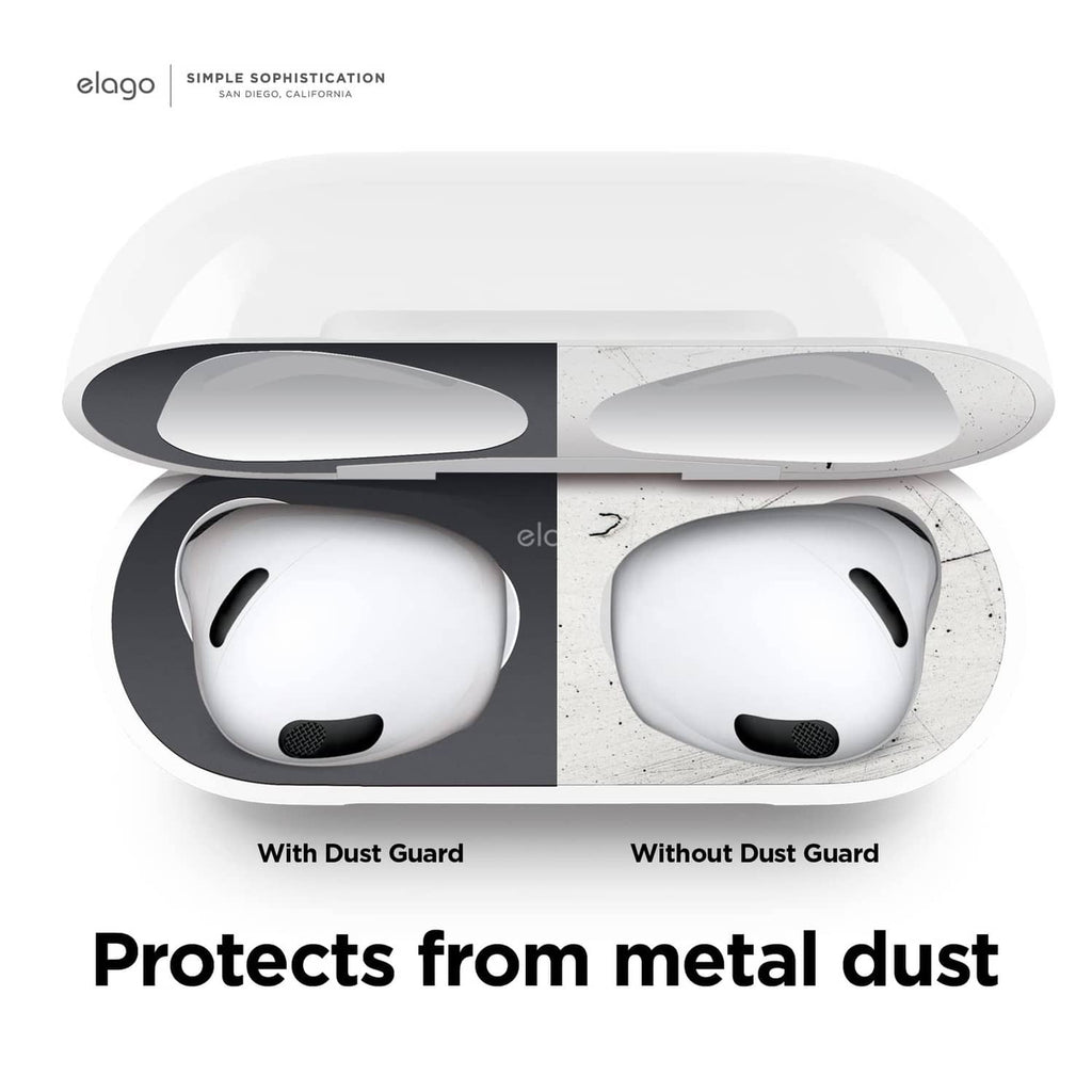 Dust guard for AirPods case with cover over openings; earbuds fit with vent mesh
