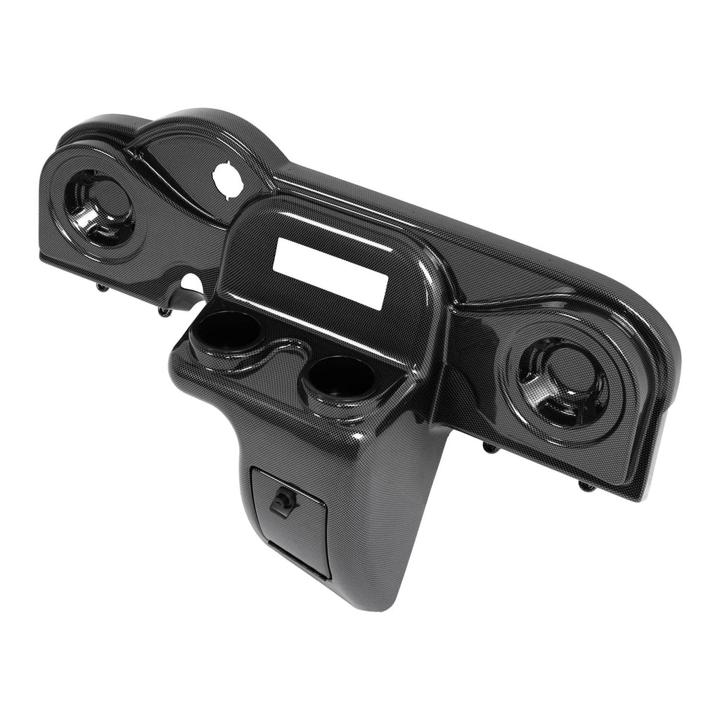 Black carbon-fiber style radio and speaker dash cover with mounting bracket and cutouts