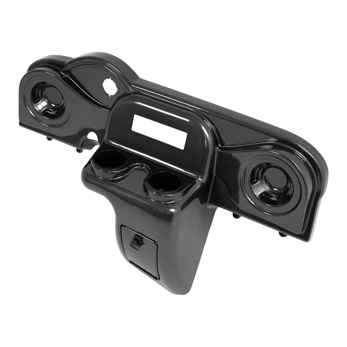 Black carbon-fiber style radio and speaker dash cover with mounting bracket and cutouts