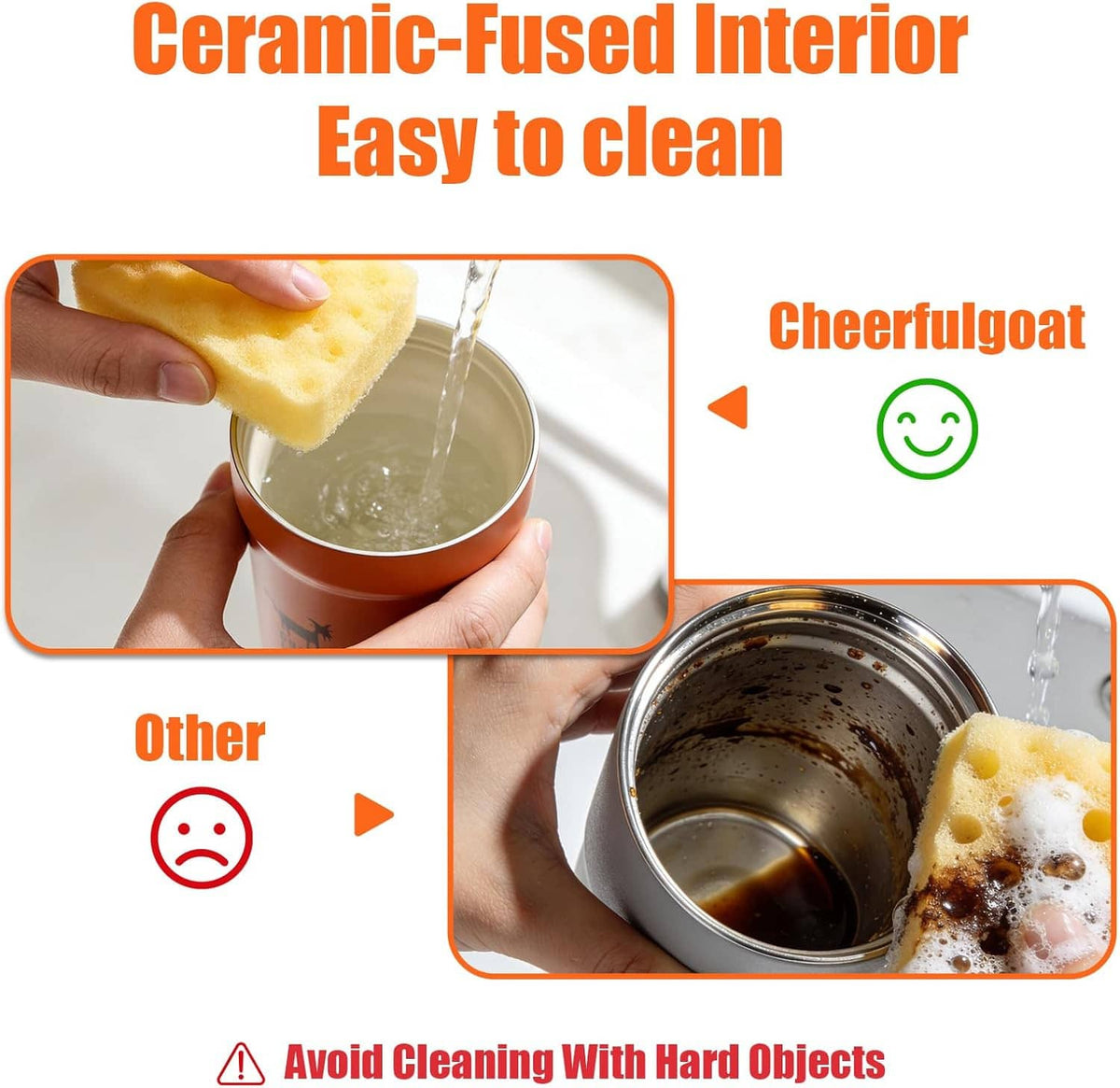 Ceramic-lined tumbler cleaning view with hands holding a sponge inside the cup.