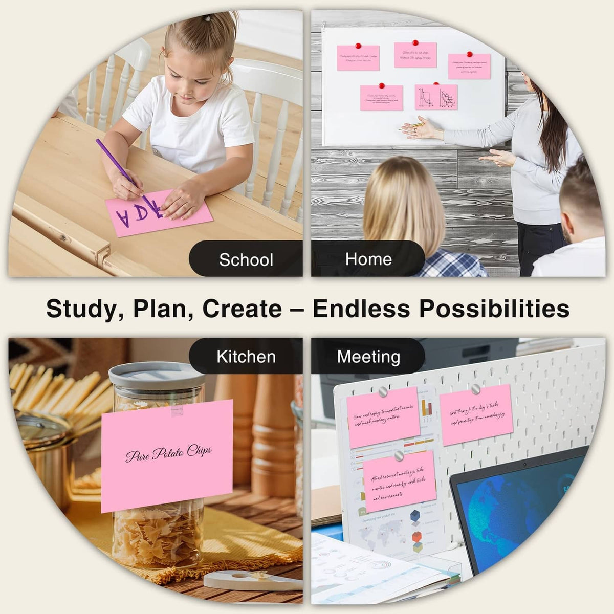 Pink index cards for planning and studying, multiple sets shown