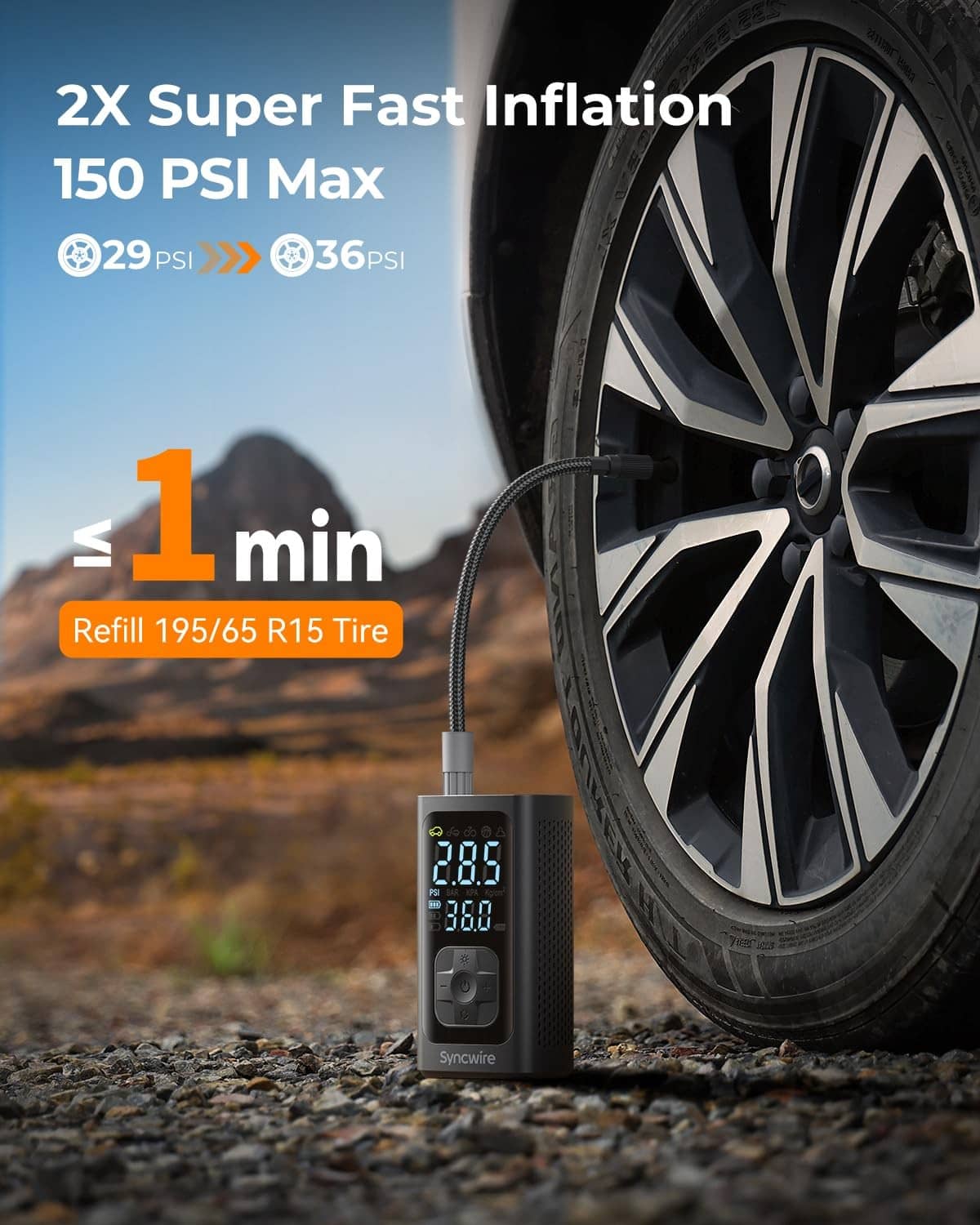 Portable tire inflator beside car wheel, showing digital pressure readout on display