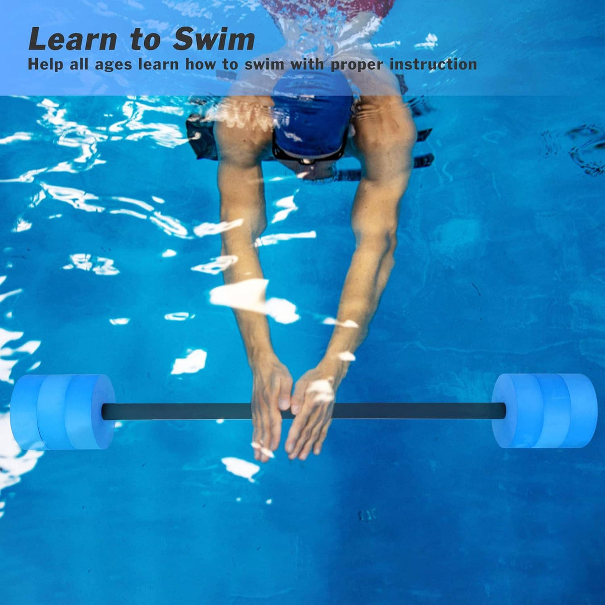 Underwater water dumbbell bar held by hands, black handle with blue foam end weights