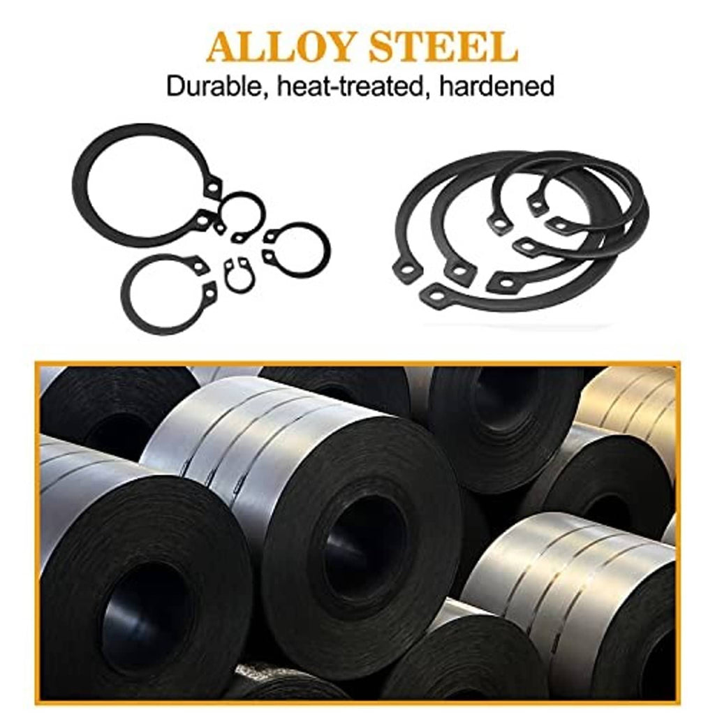 Alloy steel black snap rings assortment with heat-treated, hardened fasteners