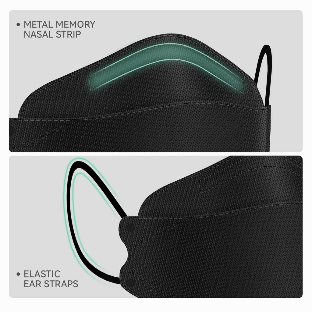 Black KN95 face mask showing metal memory nose strip and elastic ear straps