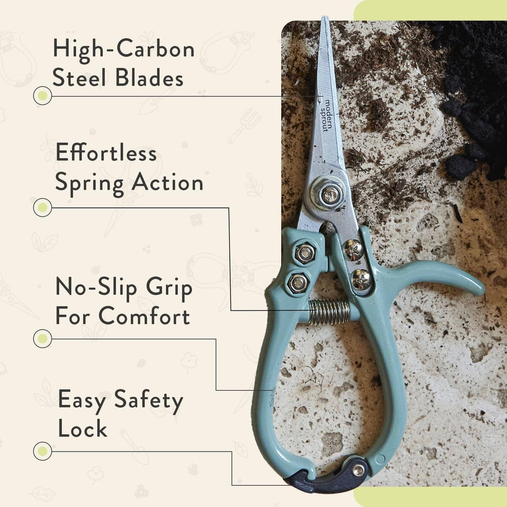 Light blue pruning shears with coiled spring and silver cutting blades