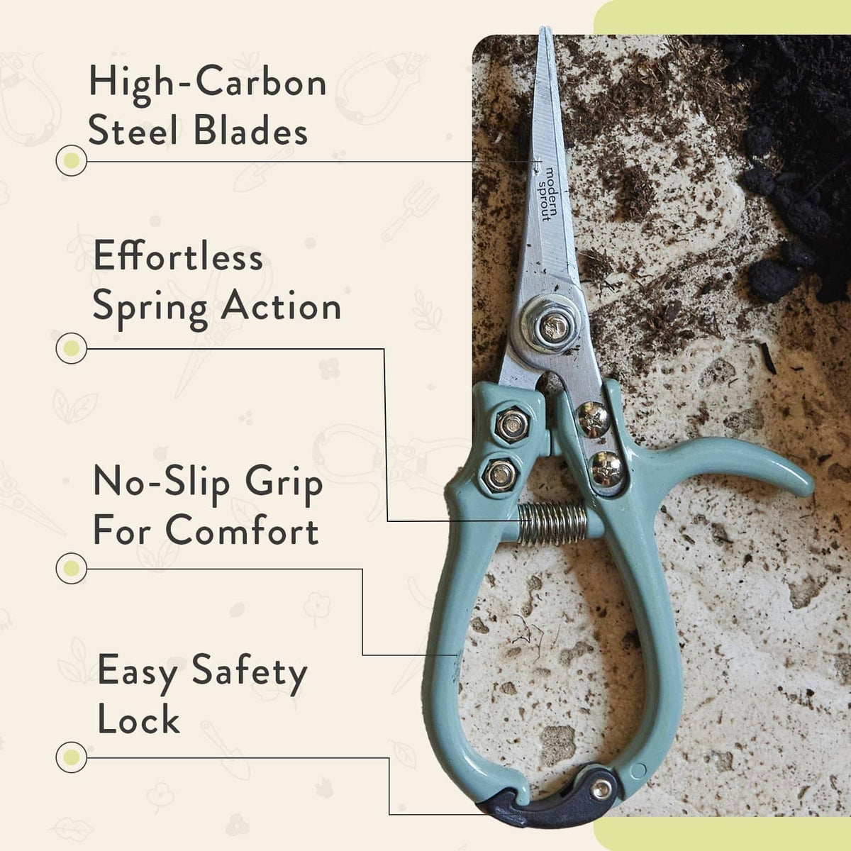 Light blue pruning shears with coiled spring and silver cutting blades