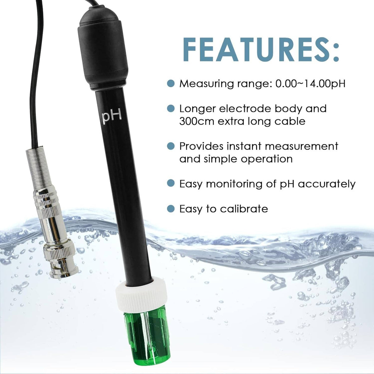 Black pH electrode probe with green sensor cover and extra-long cable