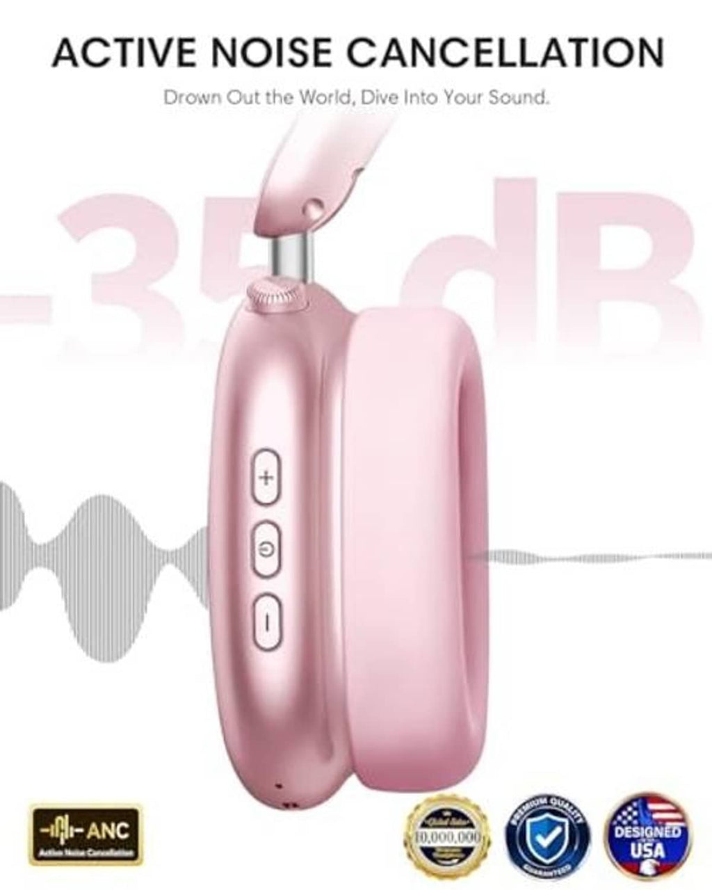 Pink over-ear wireless noise-cancelling headphones with side control panel