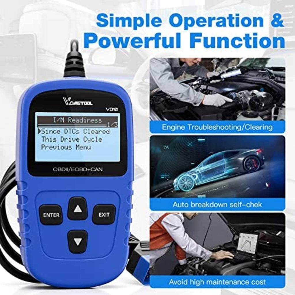 Blue handheld OBD2 code reader with LCD screen, enter/exit buttons, and cable