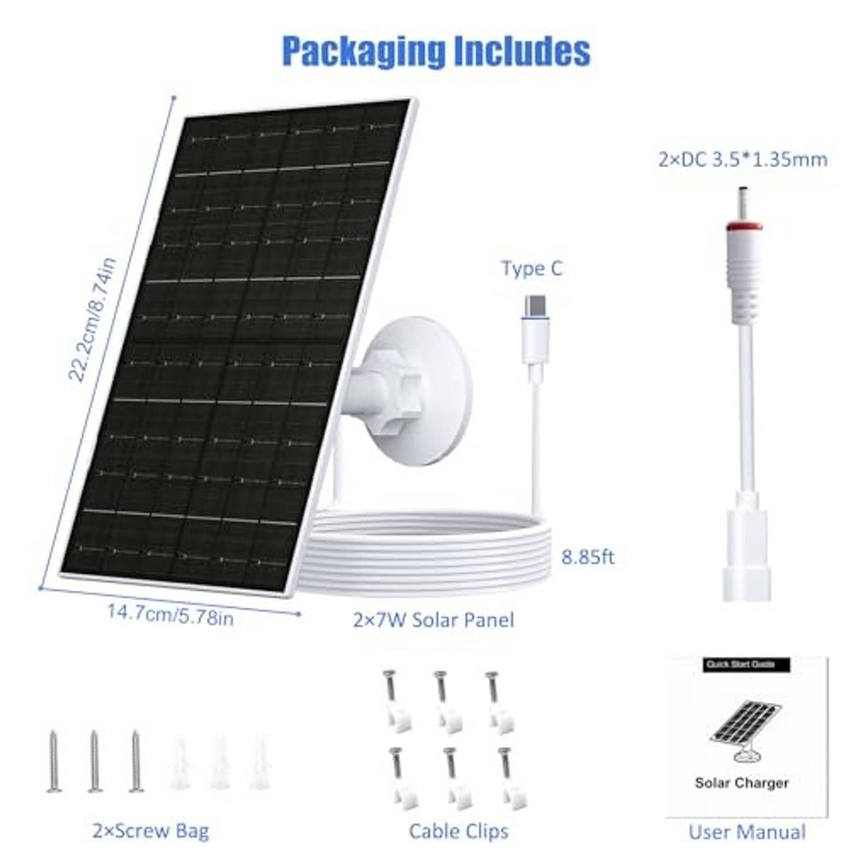 Solar panel charger kit accessories: two black solar panels, wall mount, Type-C cable.