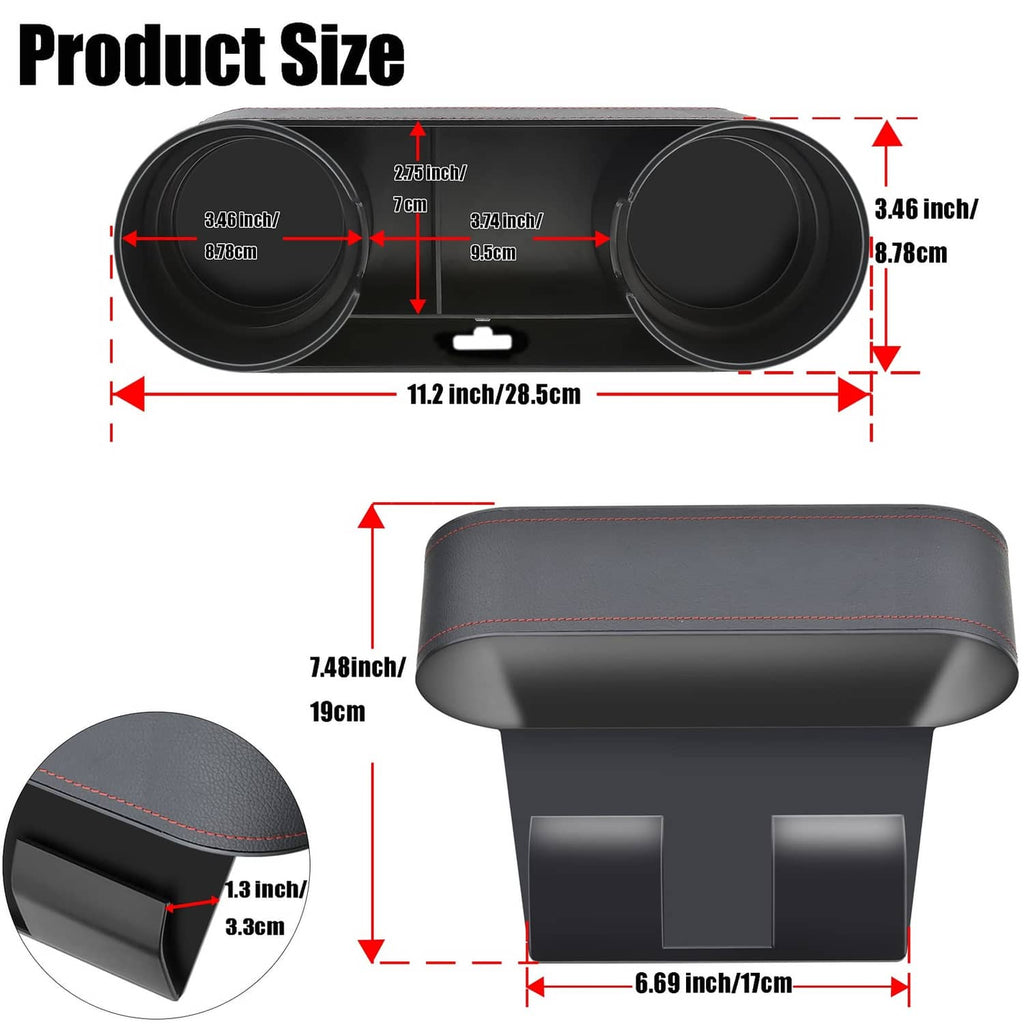 Black car seat side organizer with two circular cup openings and central compartment