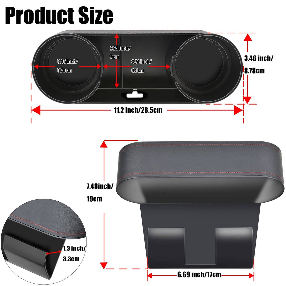 Black car seat side organizer with two circular cup openings and central compartment