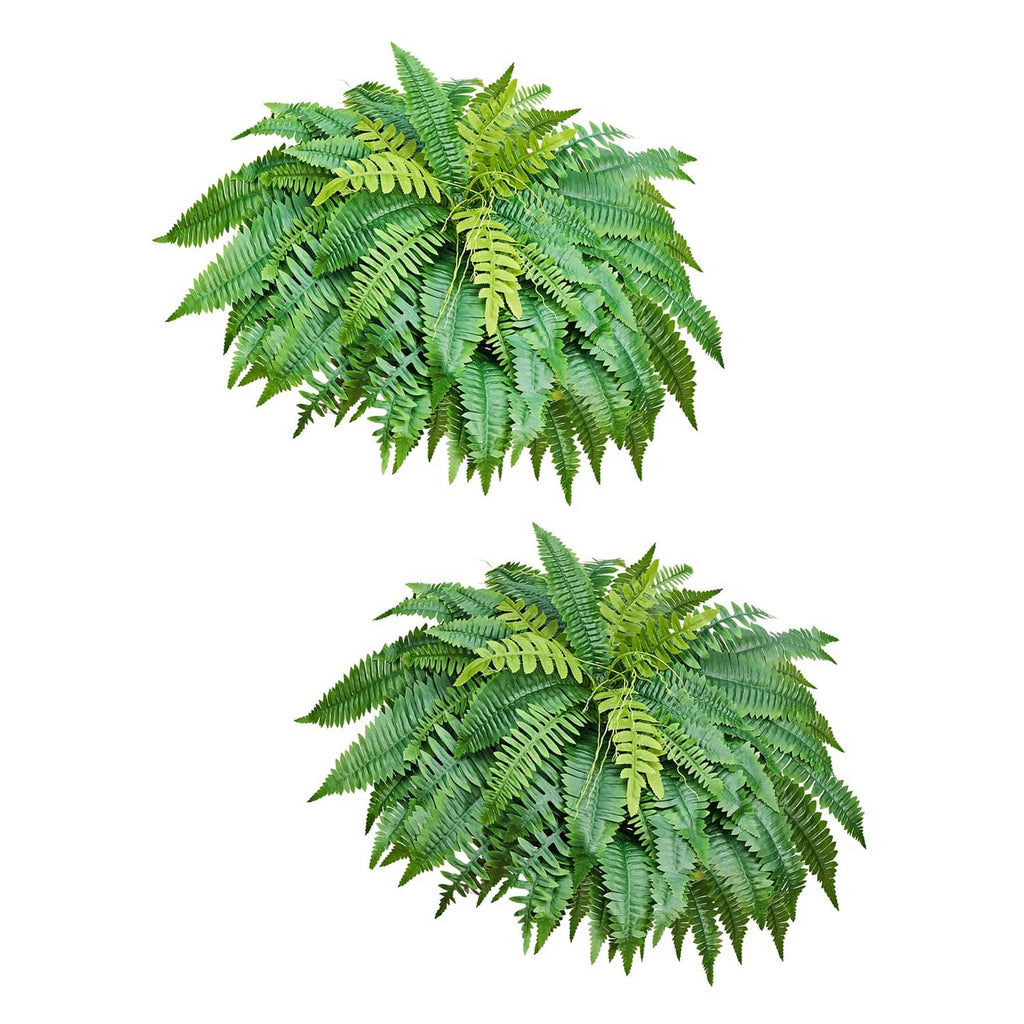Artificial green fern plant set, two full frond bunches with dense foliage