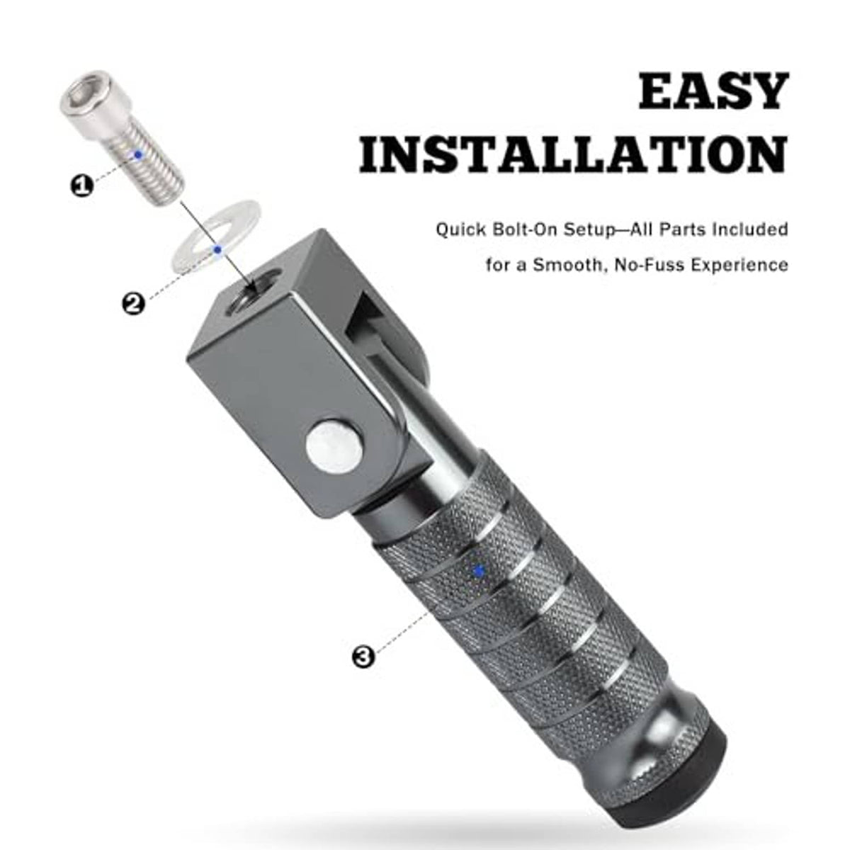 Foldable motorcycle foot peg with knurled grip and bolt-on mounting hardware.