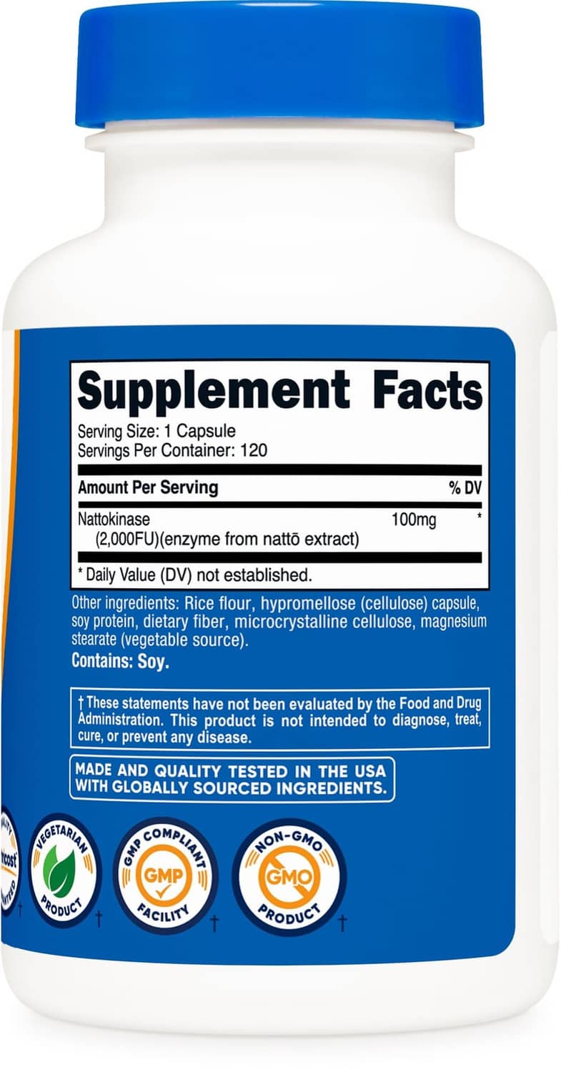 Nutricost Nattokinase supplement facts panel, 2,000FU enzyme from natto extract