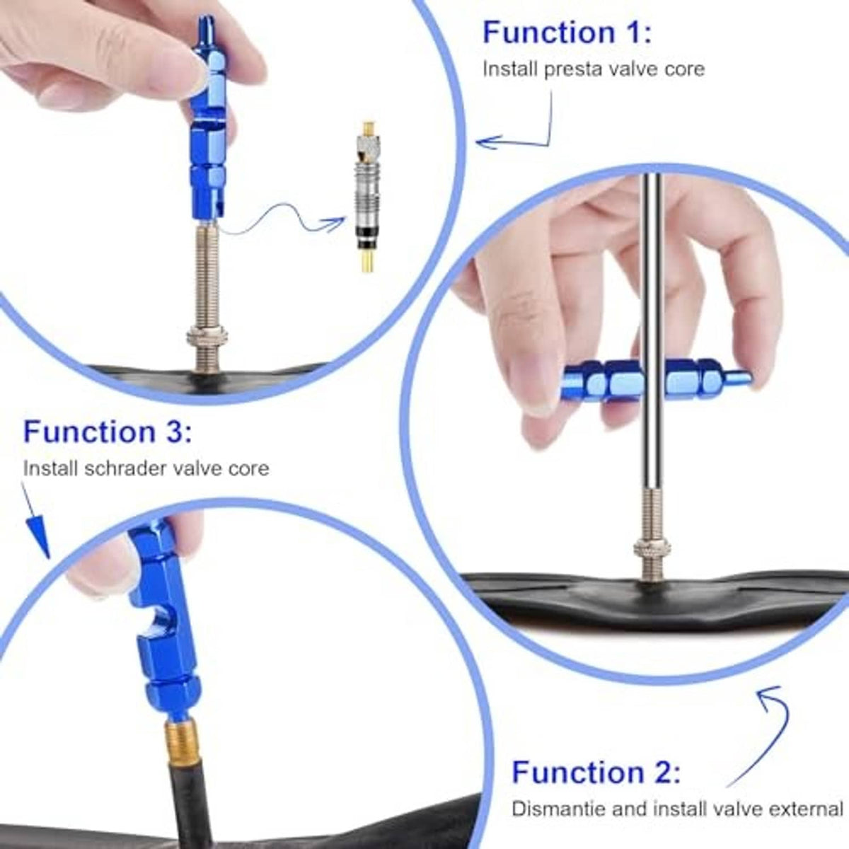 Blue Presta valve core installation tool with brass core and black stem
