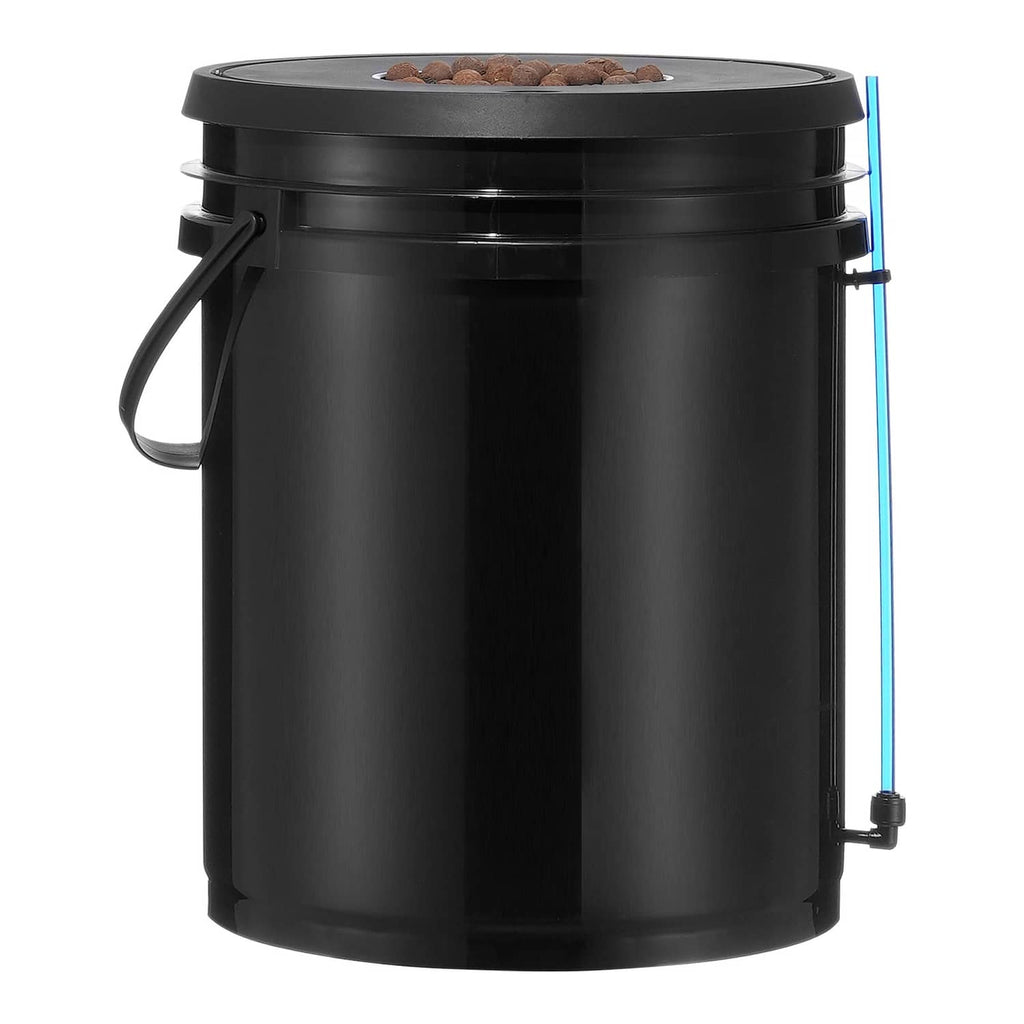 Black 5-gallon DWC hydroponic bucket with lid and tubing port, clay grow media inside