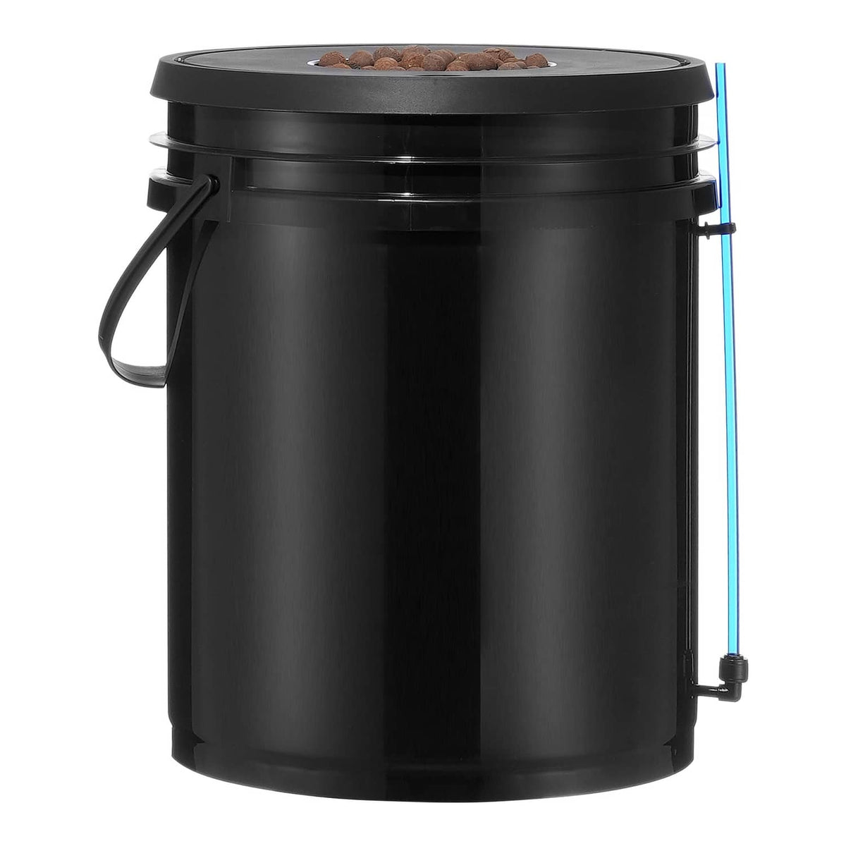 Black 5-gallon DWC hydroponic bucket with lid and tubing port, clay grow media inside