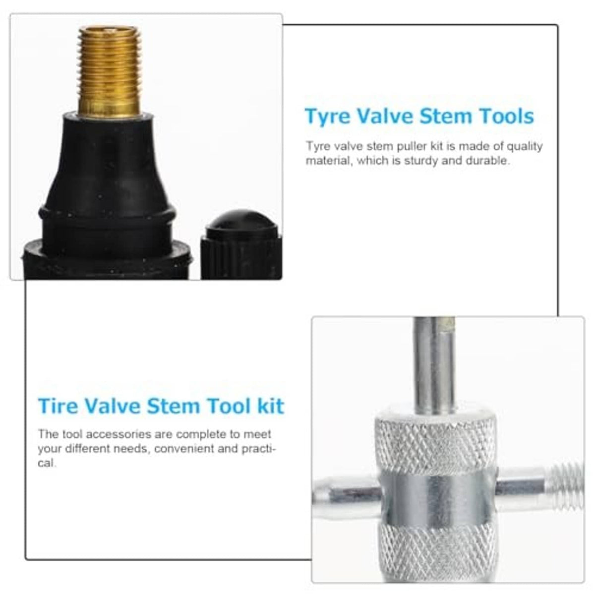 Tire valve stem tool kit with brass valve puller head and black rubber base
