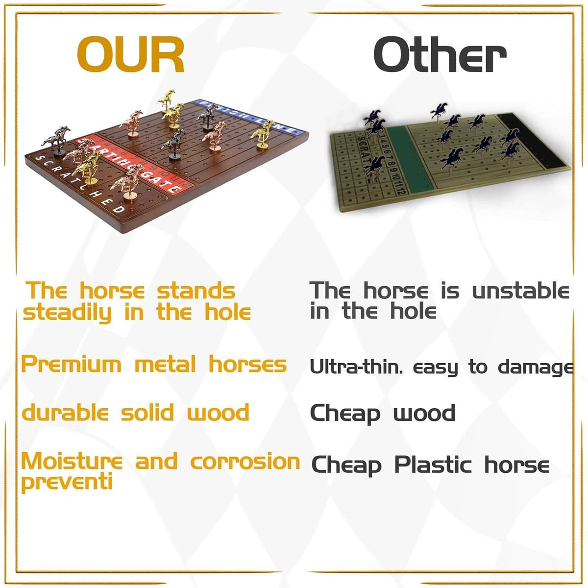 Horse racing board game comparison showing two boards and metal horse pieces