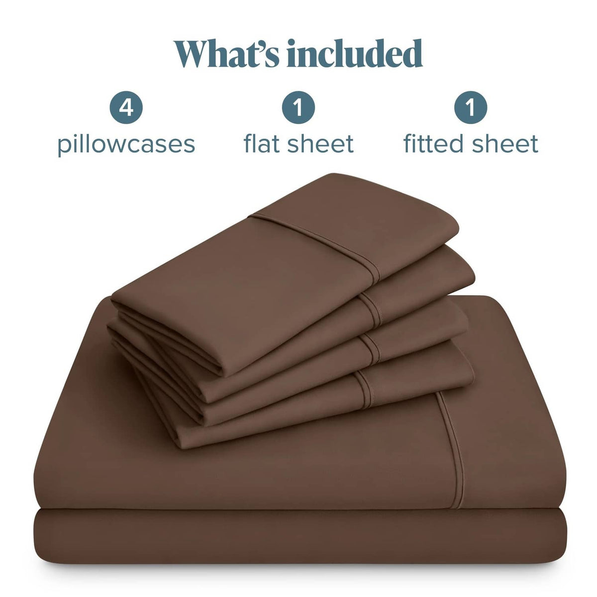 Cocoa brown queen sheet set with folded flat sheet, fitted sheet, and pillowcases