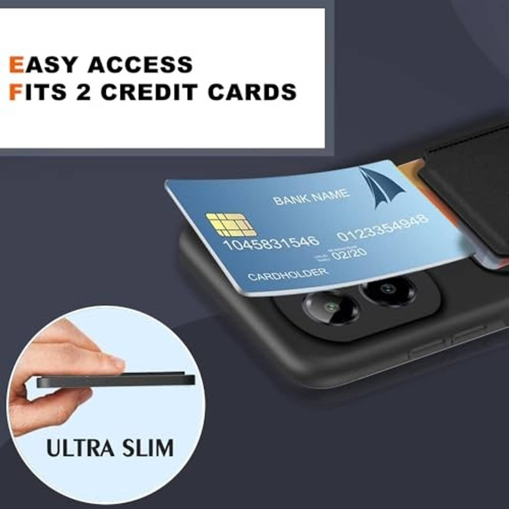 Black phone case with card slot for two credit cards and camera cutout