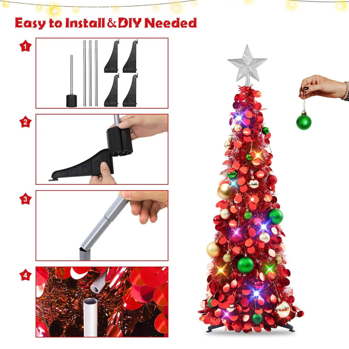 Red pop-up Christmas tree with LED lights, round ornaments, and star topper