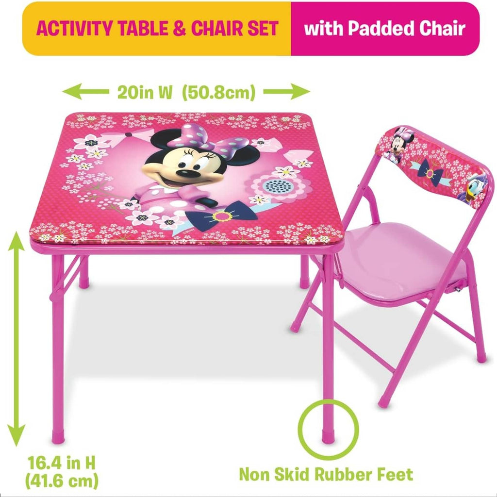Pink junior activity table with Minnie print and folding padded chair for toddlers