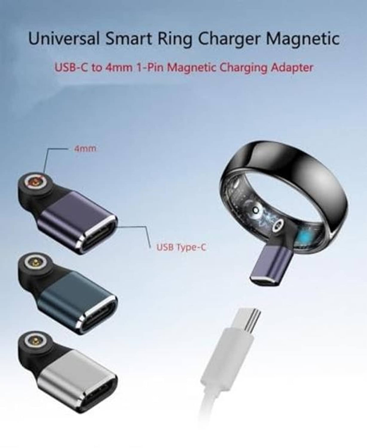 Universal magnetic smart ring charger set with two dusty blue adapters and metal ring cup