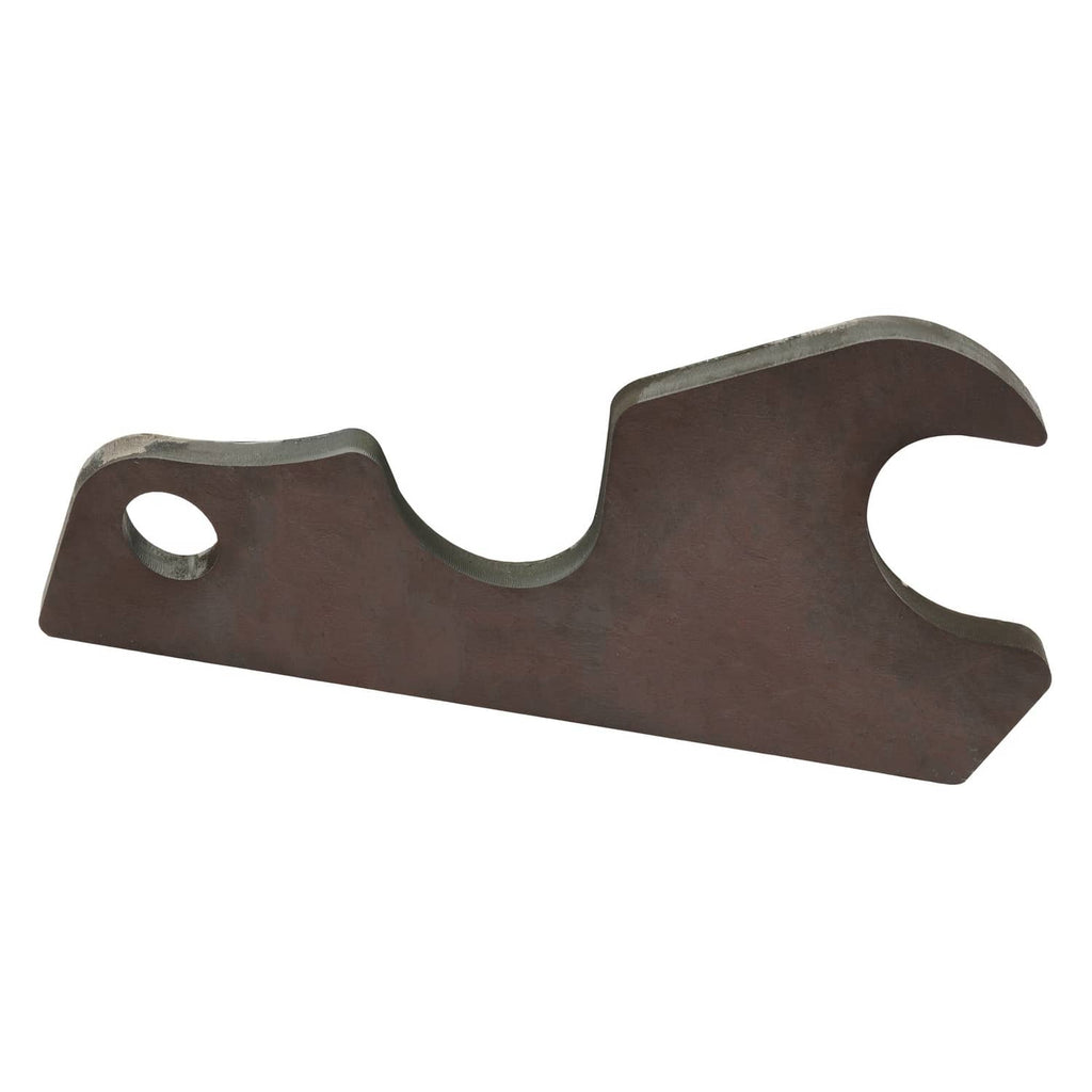 Set of bucket ears brackets with cutouts and mounting holes, brown steel with gray edges