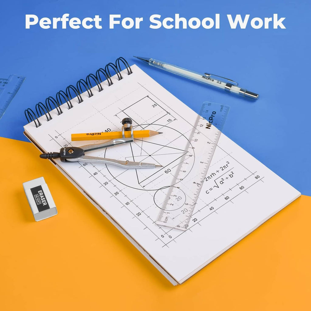 Geometry drafting tools with protractor, rulers, compass and pencils for school work