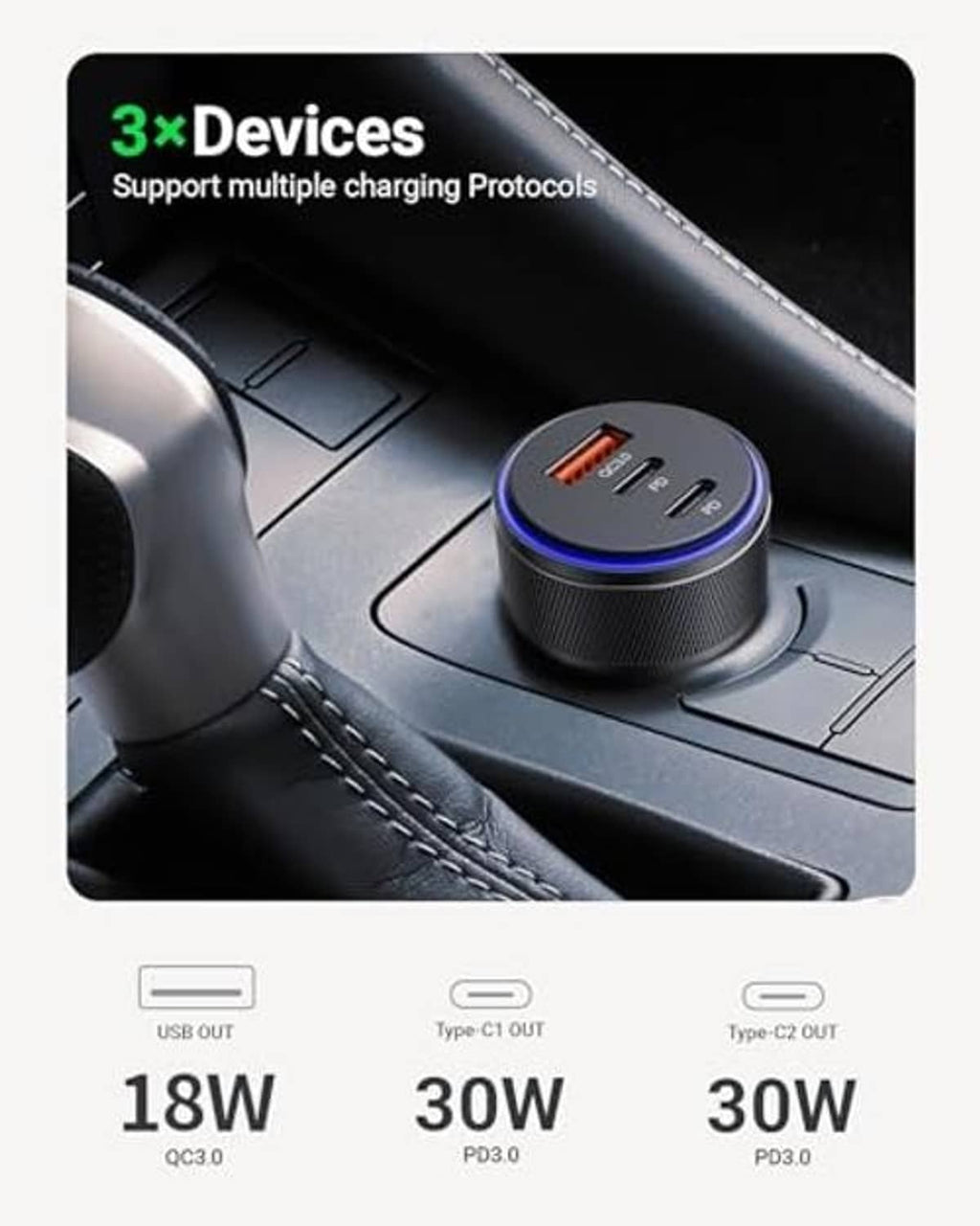 Black USB car charger with blue LED ring shown in a vehicle cupholder area