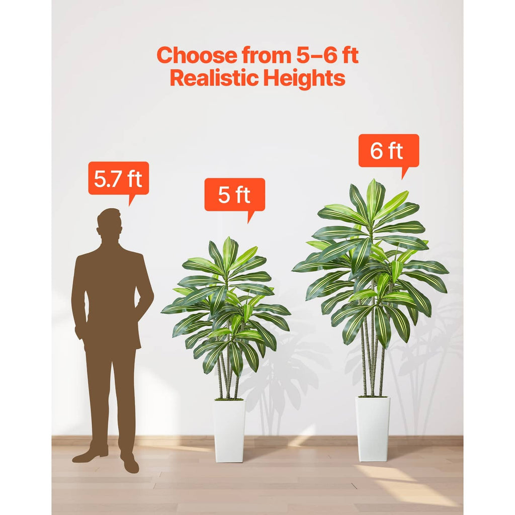 Artificial dracaena tree with green leaves in a white pot, height comparison view
