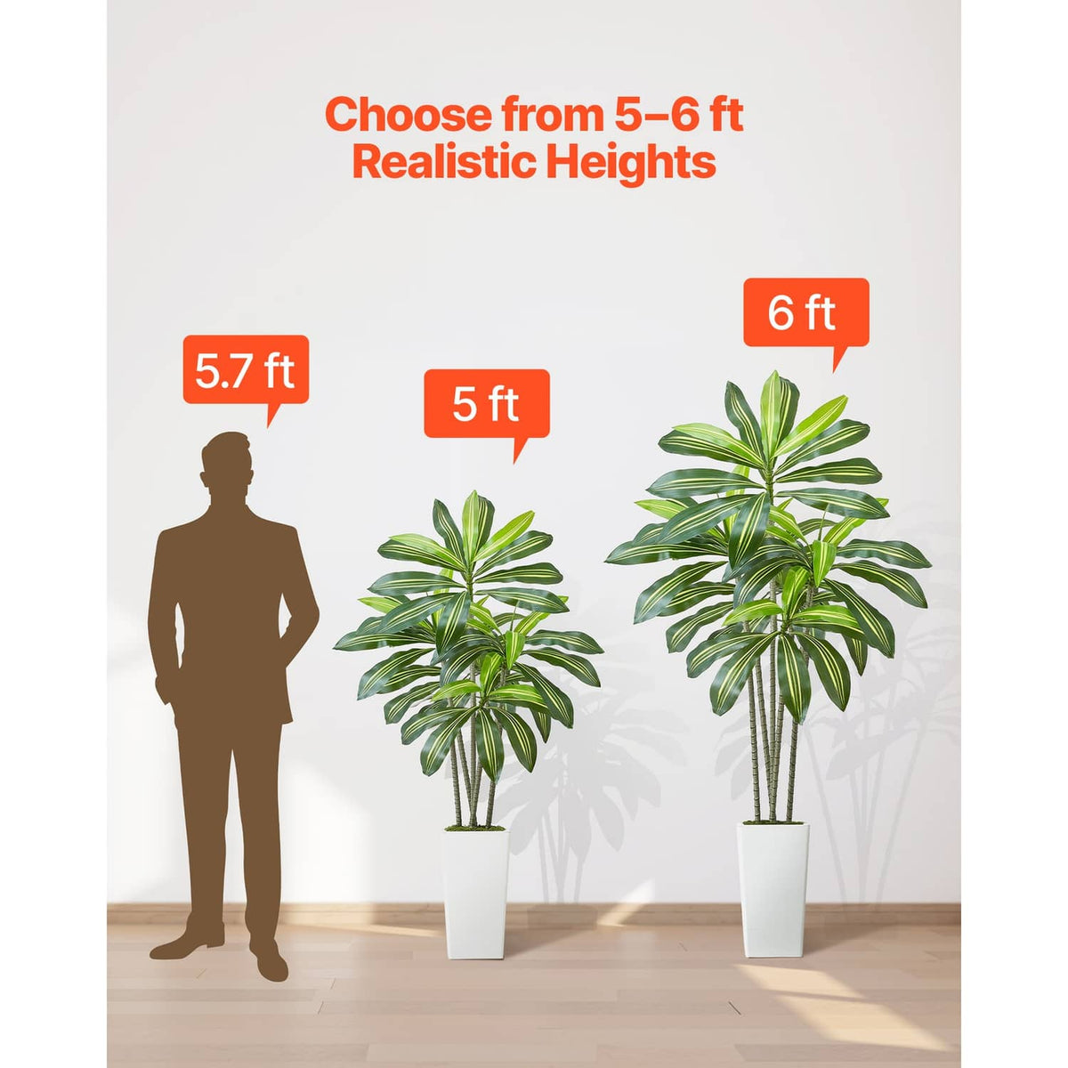 Artificial dracaena tree with green leaves in a white pot, height comparison view