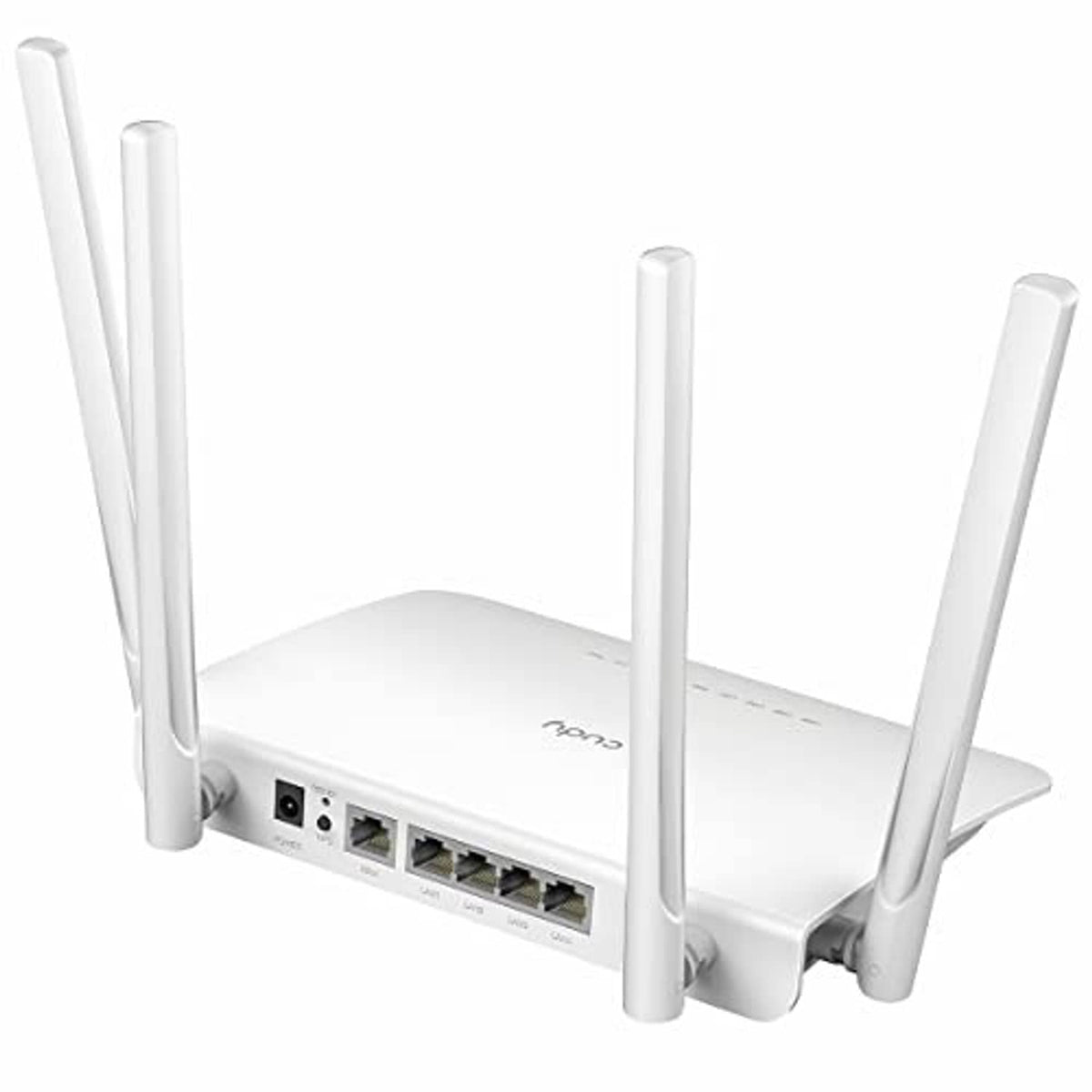 White Wi‑Fi router rear ports panel with four external antennas