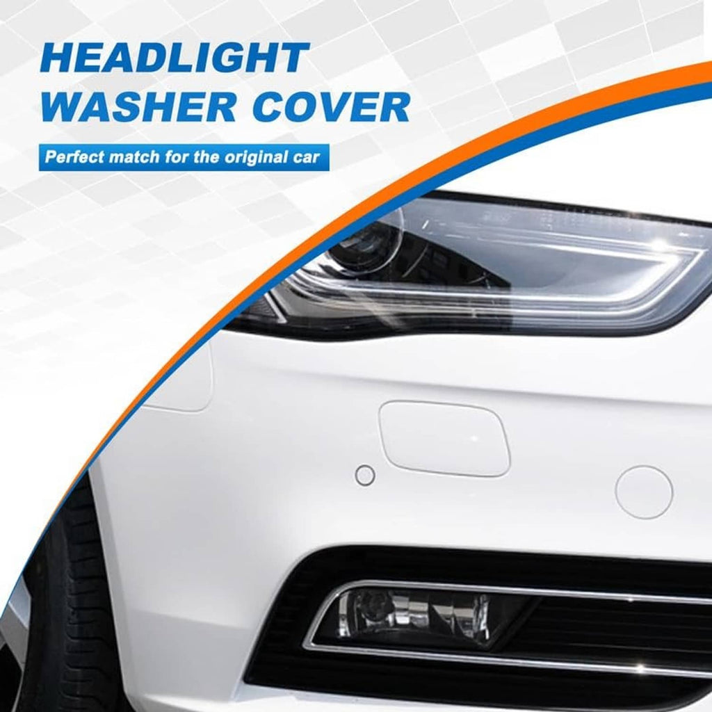 Headlight washer cover for front bumper on white car near headlight
