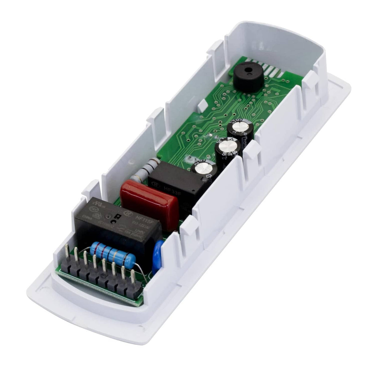 Open freezer control module showing green PCB and red relay components