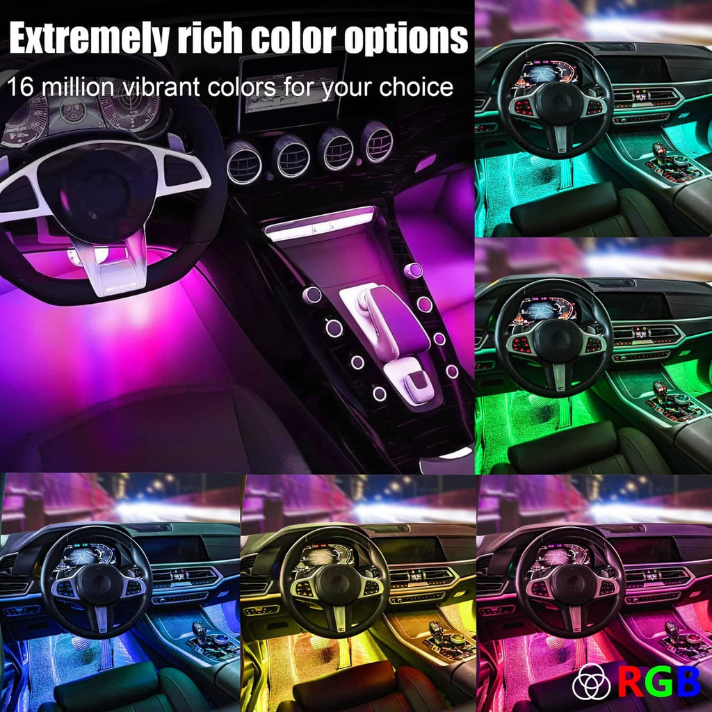 RGB LED interior light strips installed along dash, emitting multi-color ambient glow