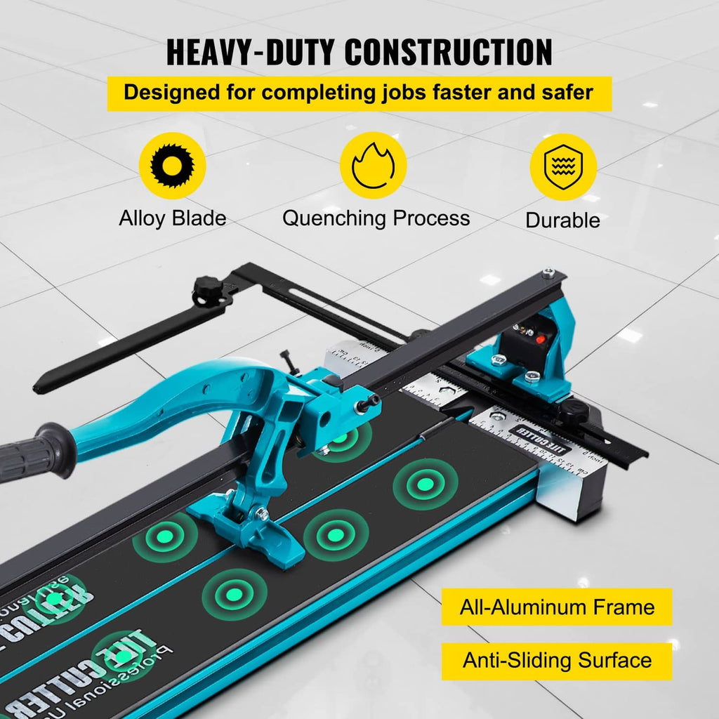 Heavy-duty manual tile cutter with teal all-aluminum frame and anti-sliding cutting rails
