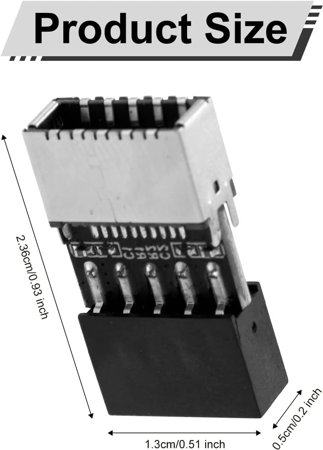 USB header adapter, 9-pin connector with dimensions shown, silver metal with black latch