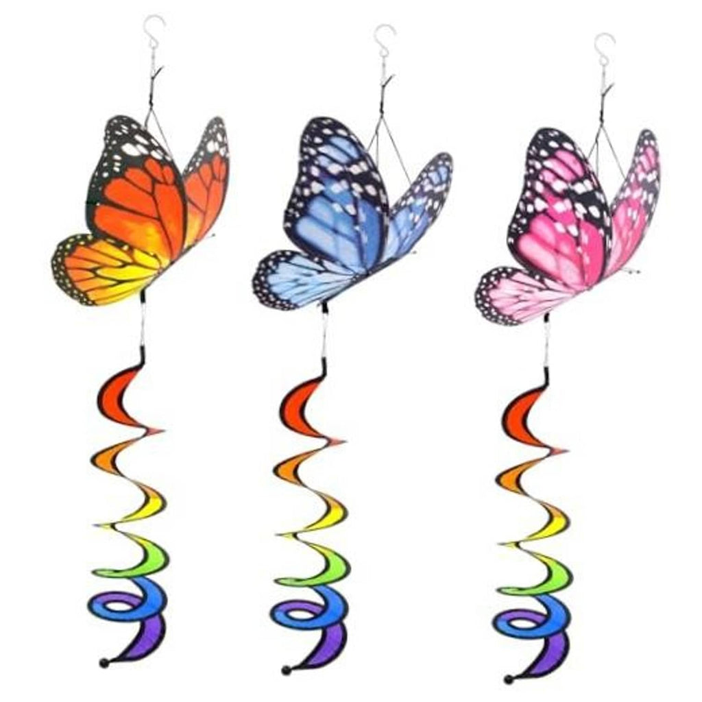 Three butterfly wind spinners with colorful hanging hooks and rainbow curlie spring tails