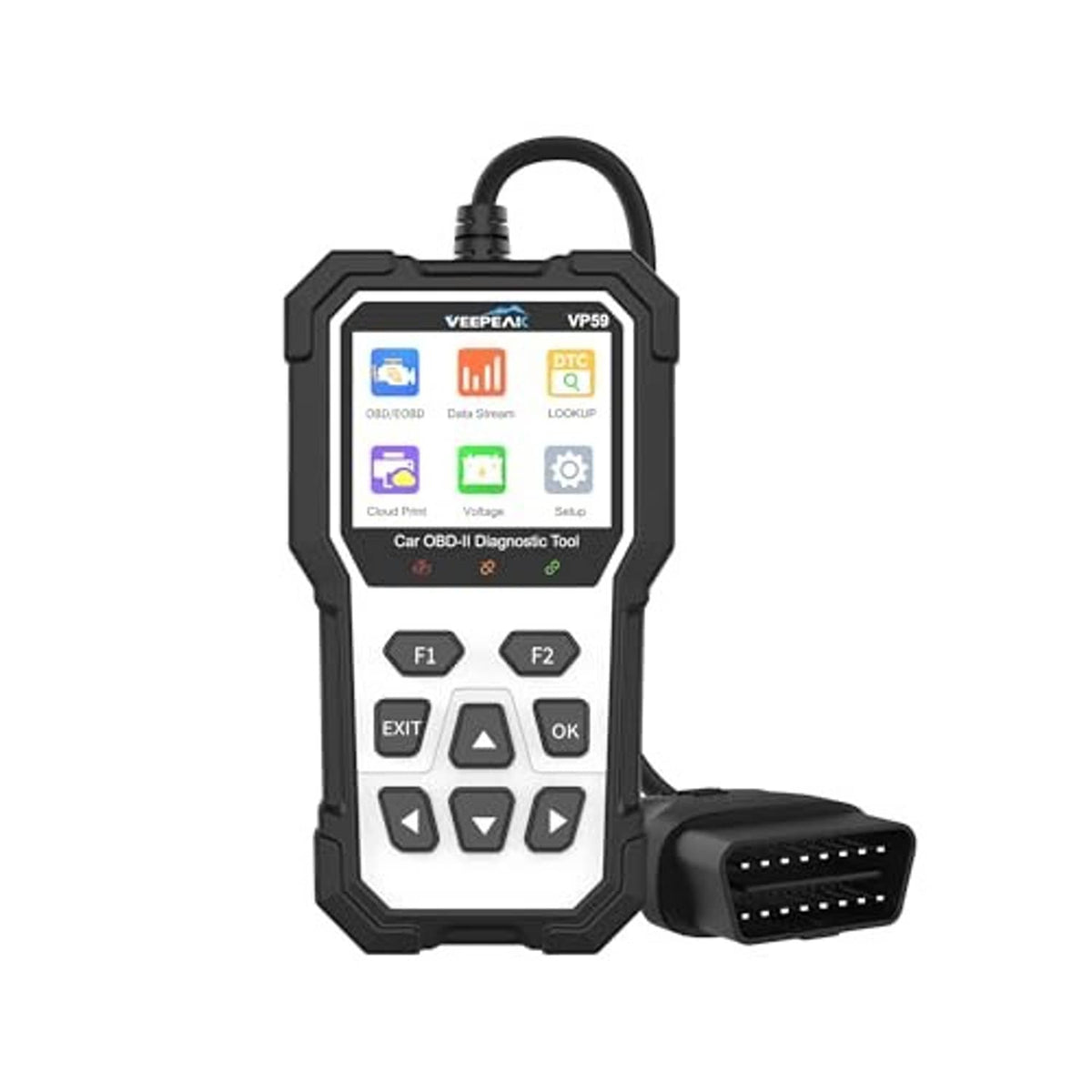 Car OBD2 diagnostic scanner with display and keypad, plus OBD plug cable